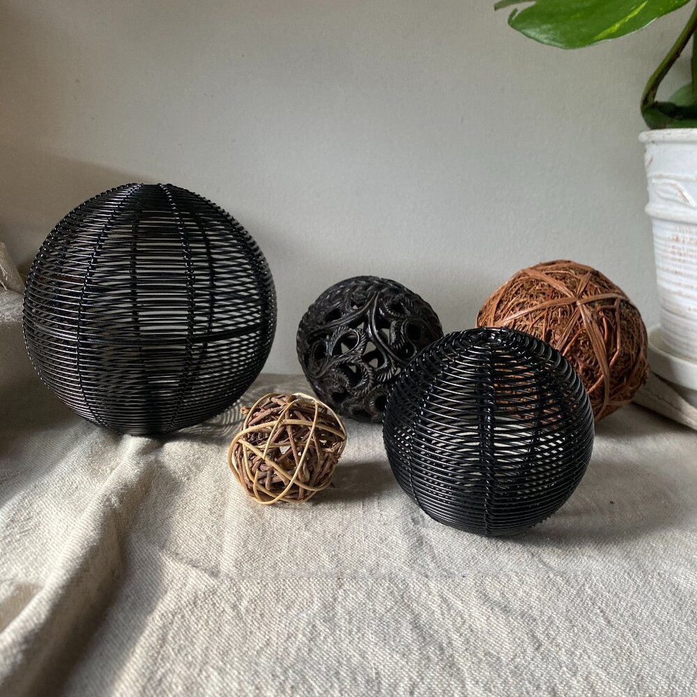 Vintage Decorative Ball Set Wire, Wicker & Carved Orbs Bowl Filler Rustic Home
